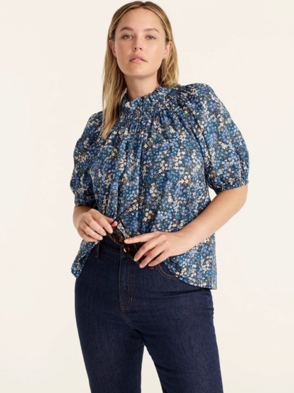 J. Crew Smocked neck puff-sleeve top in Liberty® Sea Blossoms Blue White 2X